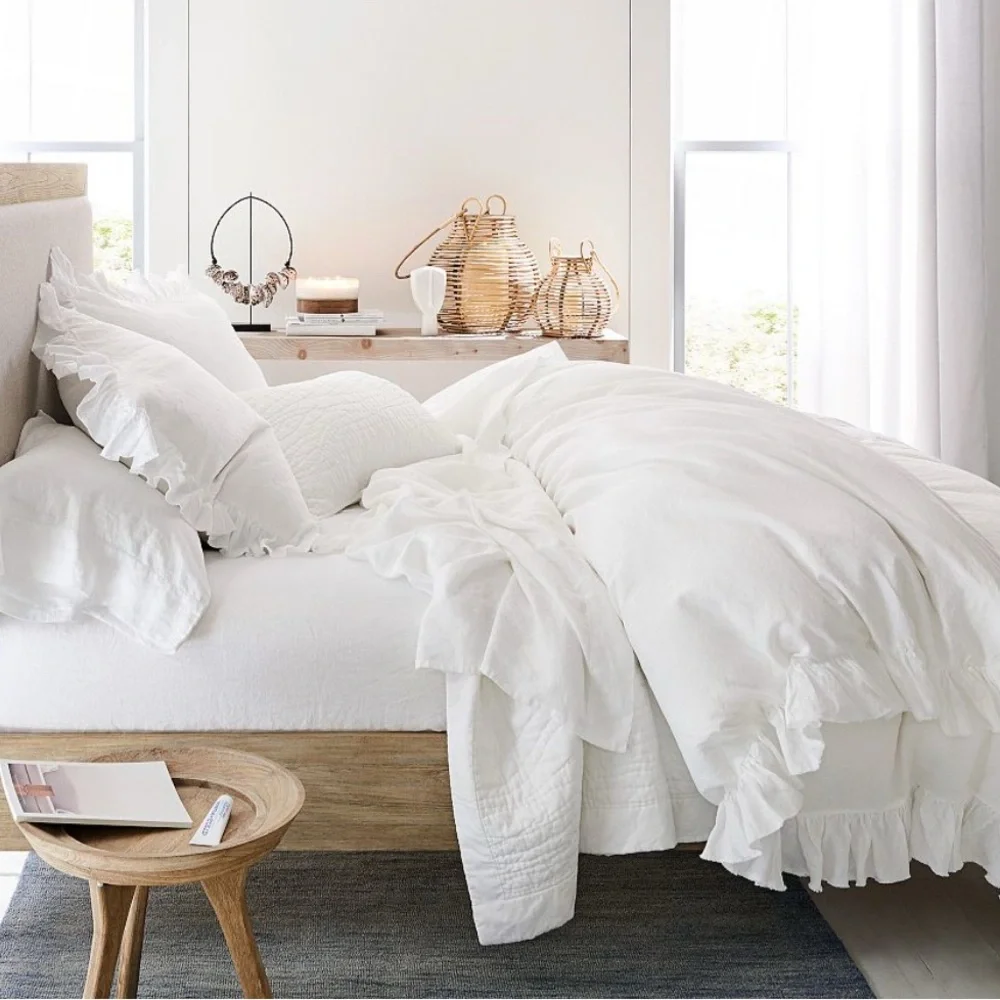 Pottery Barn BELGIAN FLAX LINEN FRINGE RUFFLE Duvet King 2 King Shams White NWOT